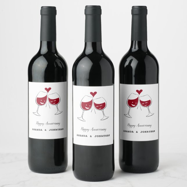 Happy Wedding Anniversary Red Wine Heart Label (Bottles)