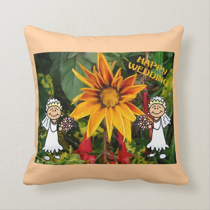 Happy wedding, bridesmaids and flowers pillows