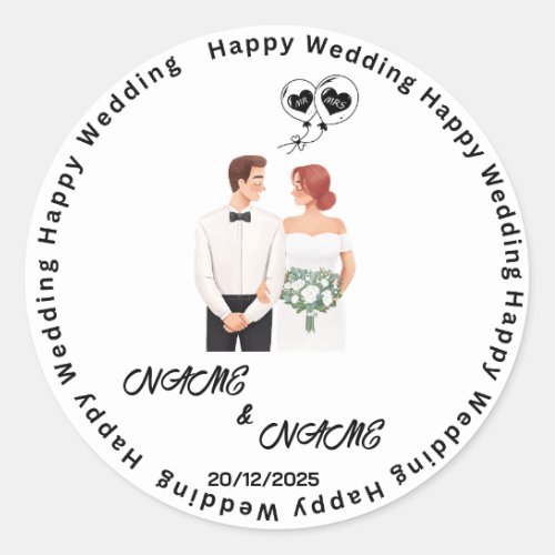 Happy Wedding Custom Name  Classic Round Sticker