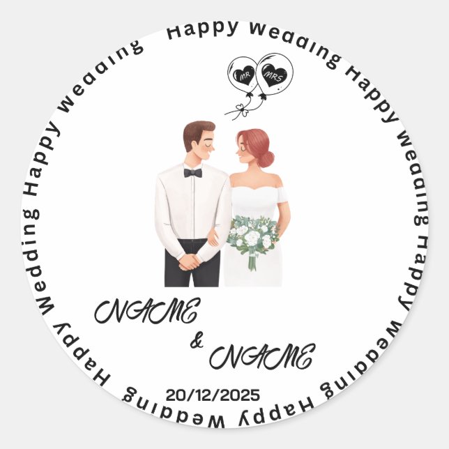 Happy Wedding Custom Name  Classic Round Sticker (Front)