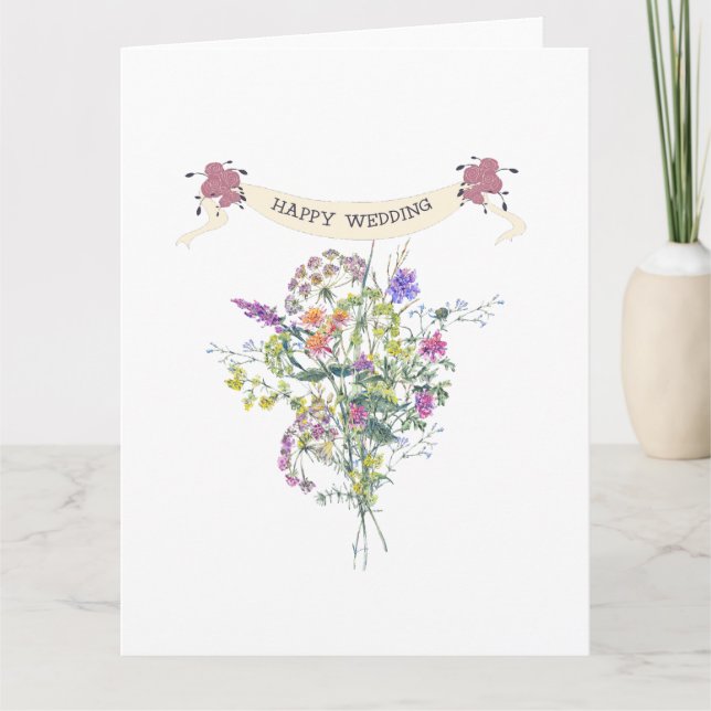 Happy Wedding Elegant Floral Bouquet  Card (Front)
