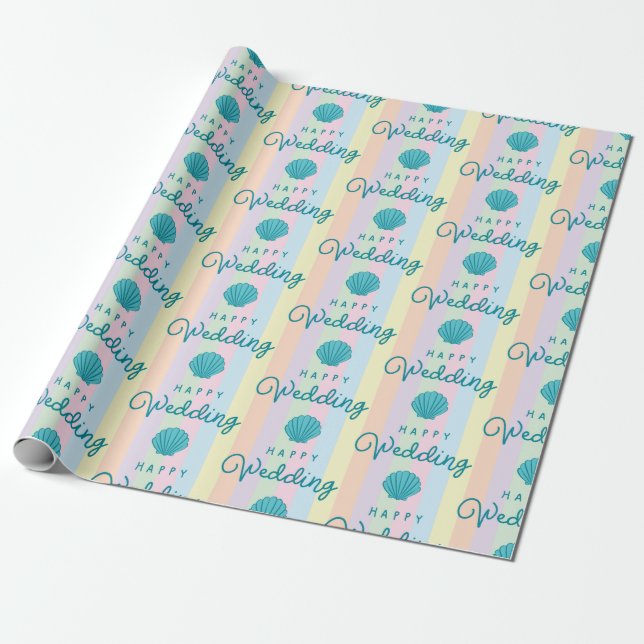 Happy Wedding Text Blue Seashell Colorful Rainbow Wrapping Paper (Unrolled)