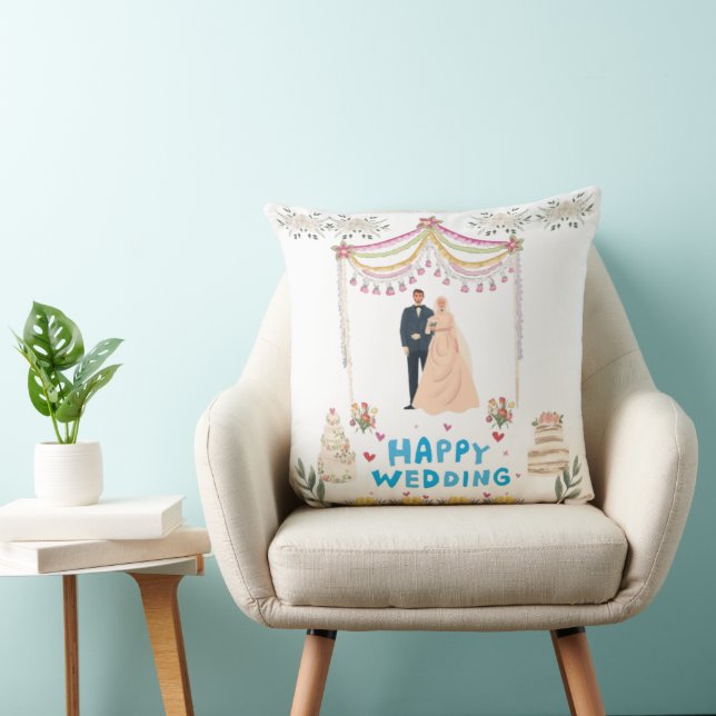 Happy Wedding Throw Pillow – White Background  (Chair)