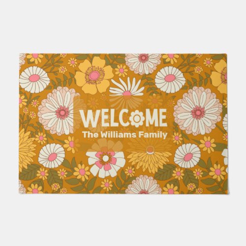 Happy Welcome Yellow Floral Personalised Family Doormat