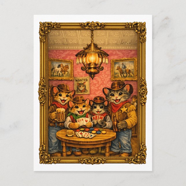 Happy Western Cowboy Cats Saloon Scene  Postcard (Front)