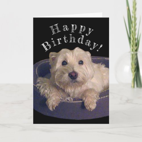 Happy Westie in Doggie Bed Card