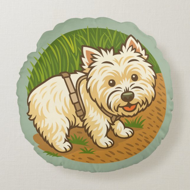 Happy Westie on Nature Trail Round Pillow (Front)