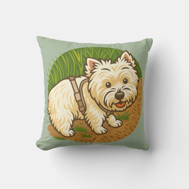 Happy Westie on Nature Trail Throw Pillow (Front)