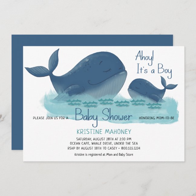 Happy Whale Ahoy it&#39;s a Boy Watercolor Baby Shower Invitation
