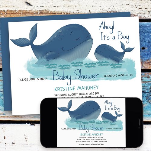 Happy Whale Ahoy its a Boy Watercolor Baby Shower Invitation