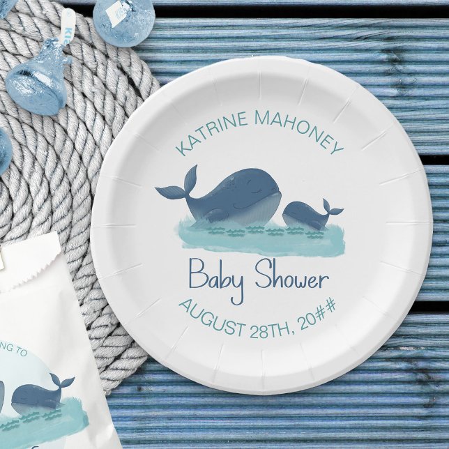 Happy Whale Cute Baby Shower Paper Plate (Ocean themed paper plates - Happy Whales Baby Shower Collection)