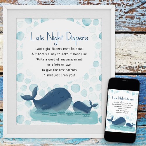 Happy Whale Late Night Diaper Baby Shower Game Poster
