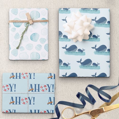 Happy Whale Ocean Bubble Nautical Ahoy Set of 3 Wrapping Paper Sheets