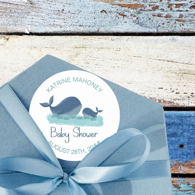 Happy Whale Personalized Boy Baby Shower Classic Round Sticker (Whale baby shower stickers from my Happy Whale collection. Message if you need different items.)