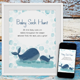Happy Whale Sock Hunt Baby Shower Game Poster