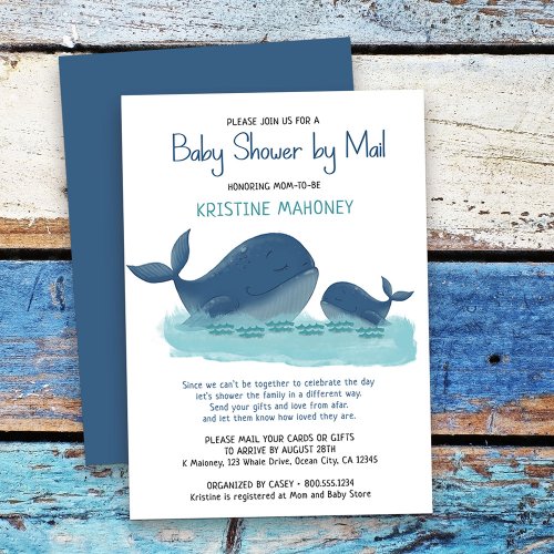 Happy Whale Watercolor Boy Baby Shower by Mail Invitation