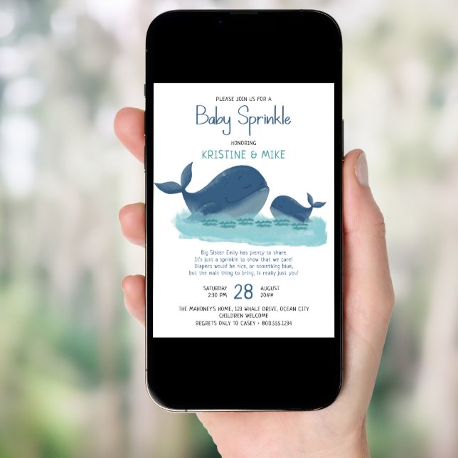 Happy Whale Watercolor Boy Baby Sprinkle Invitation (Front Digital)