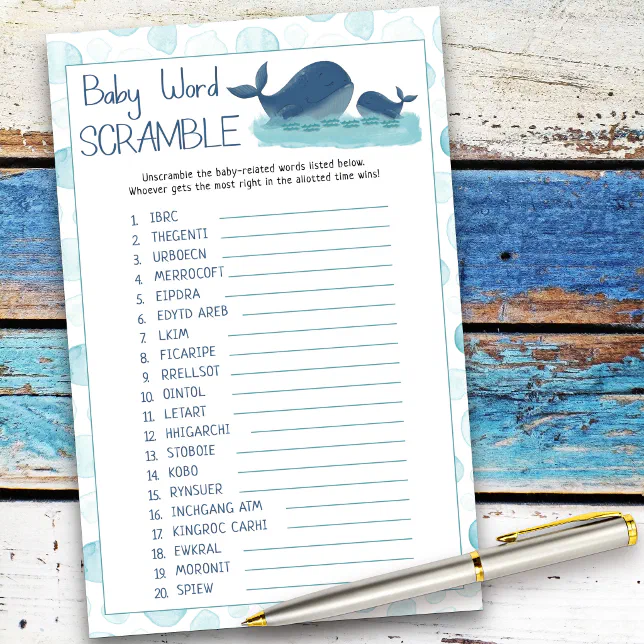 Happy Whales Baby Word Scramble Baby Shower Game | Zazzle