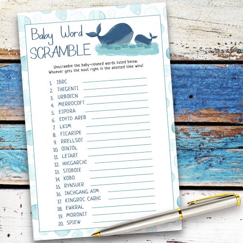 Happy Whales Baby Word Scramble Baby Shower Game