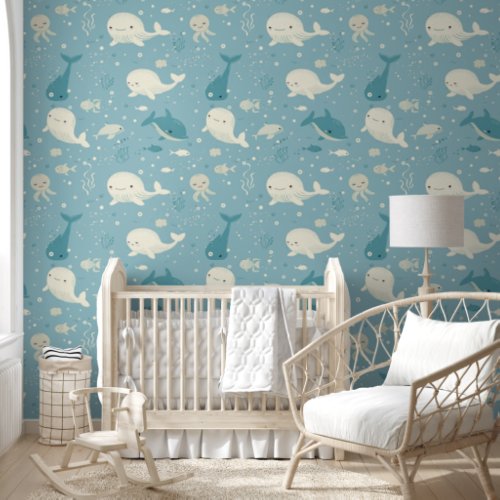 Happy Whales Under the Sea Baby Nursery Wallpaper