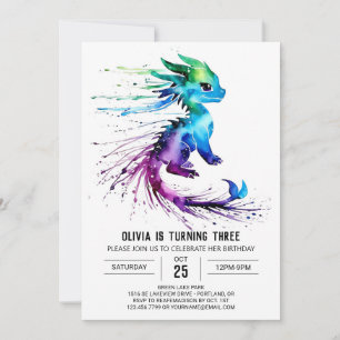 Happy Whimsical Dragon Digital Girl Birthday Invitation