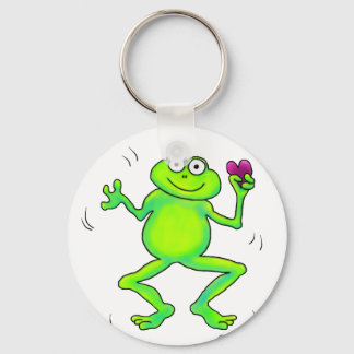 Happy Whimsical Frog Jumping Pink Heart In Hand Keychain
