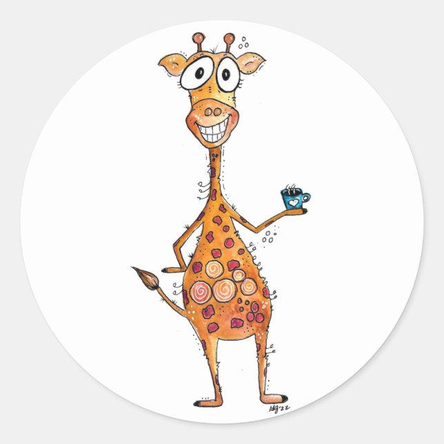 Happy Whimsical Giraffe Drinking Coffee Classic Round Sticker (Front)