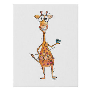 Happy Whimsical Giraffe Drinking Coffee Faux Canvas Print