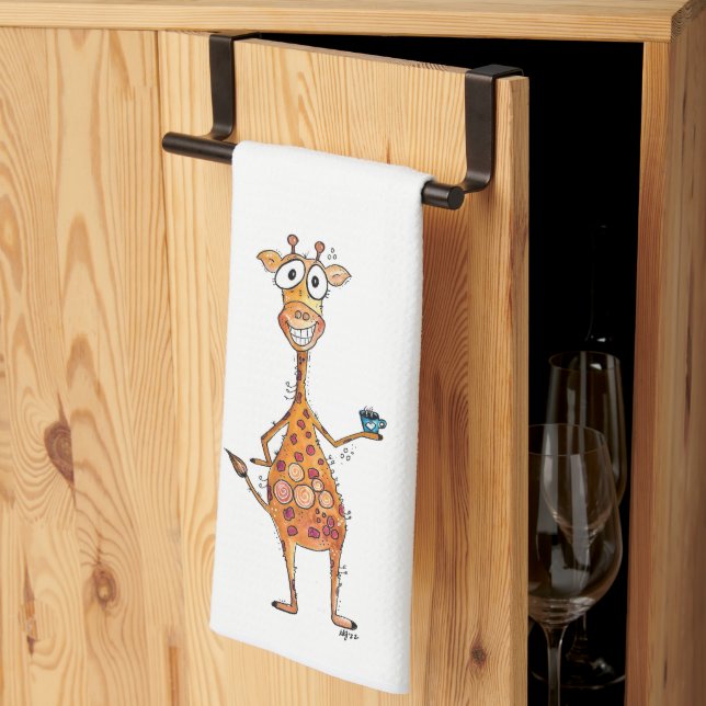 Happy Whimsical Giraffe Drinking Coffee Kitchen Towel (Thirds Fold)