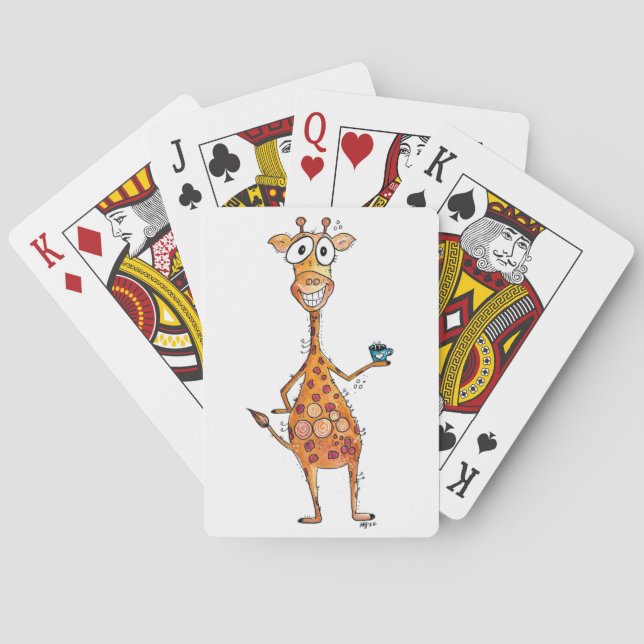 Happy Whimsical Giraffe Drinking Coffee Poker Cards (Back)
