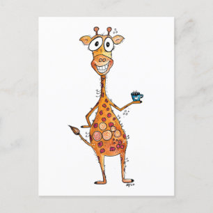 Happy Whimsical Giraffe Drinking Coffee Postcard