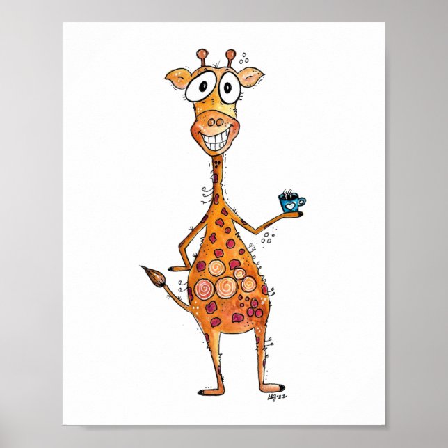 Happy Whimsical Giraffe Drinking Coffee Poster (Front)