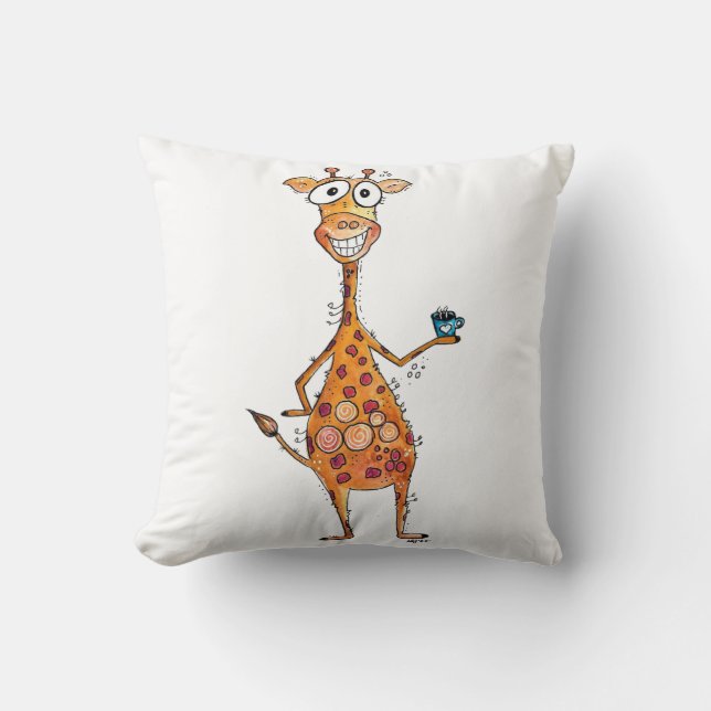 Happy Whimsical Giraffe Drinking Coffee Throw Pillow (Front)