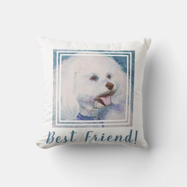 Happy White Bichon Frise Throw Pillow (Front)