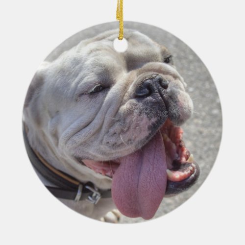 Happy White Bulldog Ceramic Ornament