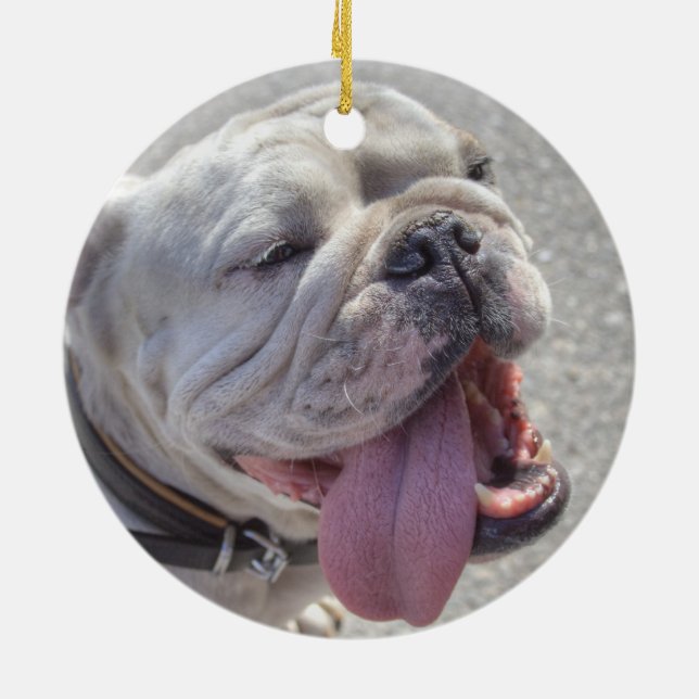 Happy White Bulldog Ceramic Ornament (Back)