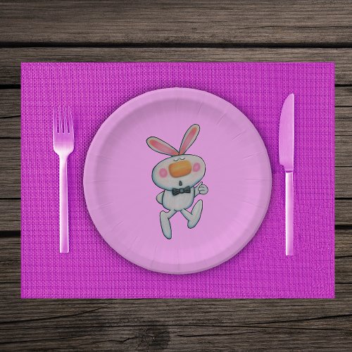 Happy White Bunny Thumbs Up Sign Bow Tie Pink Paper Plates