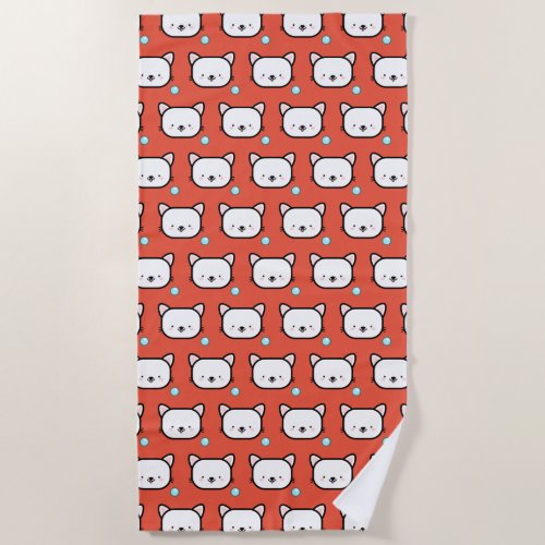 Happy White Cat Faces On An Orange Background Beach Towel