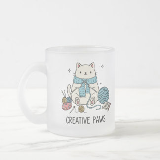Happy White Cat Knitting Yarn Cute Hobby Drinkware Frosted Glass Coffee Mug