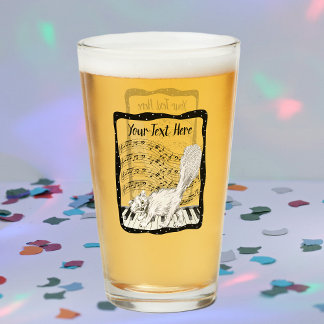 Happy White Cat on Piano black Frame Music Notes Glass