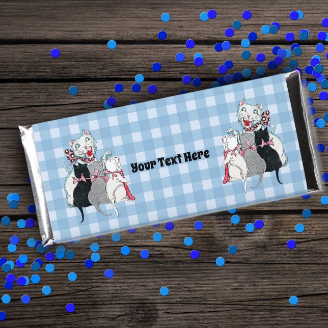 Happy White Cat Three Kittens Bows on Plaid Hershey Bar Favors (Happy mother cat with three kittens in pink bows on blue and white plaid Hershey bar wrapper favors.)
