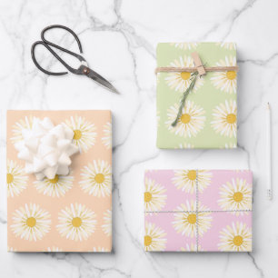 Happy White Daisies Colorful 1970s Retro Wrapping Paper Sheets
