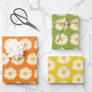 Happy White Daisies Colorful 1970s Retro Wrapping Paper Sheets