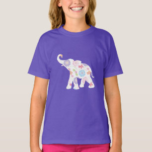 Happy White Elephant with Flowers- T-Shirt