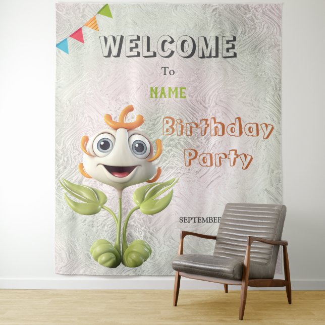 Happy White Flower Birthday Party Backdrop (In Situ)