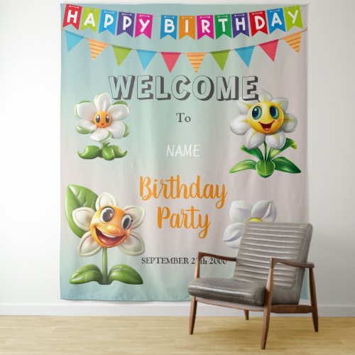 Happy White Flowers Birthday Party Backdrop