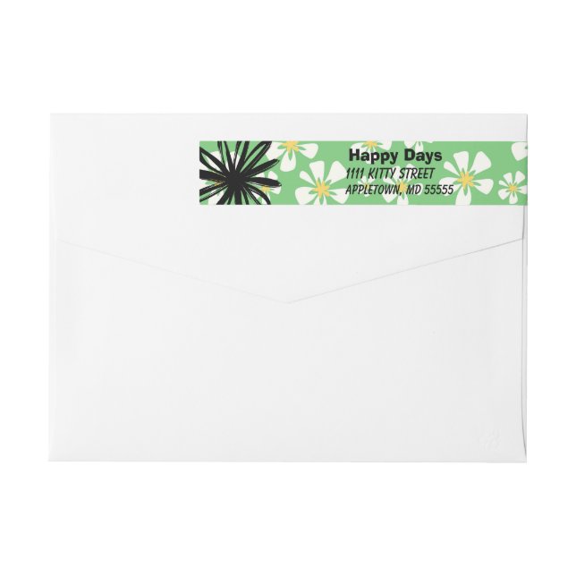 Happy white flowers on green background wrap around label (Back)