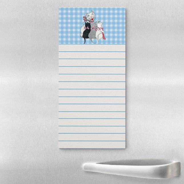 Happy White Mother Cat Three Cute Kittens Plaid Magnetic Notepad (In Situ)