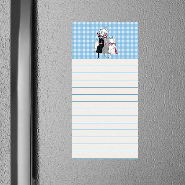 Happy White Mother Cat Three Cute Kittens Plaid Magnetic Notepad (White mother cat with three kittens in pink bows on blue white plaid on white lined magnetic notepad)
