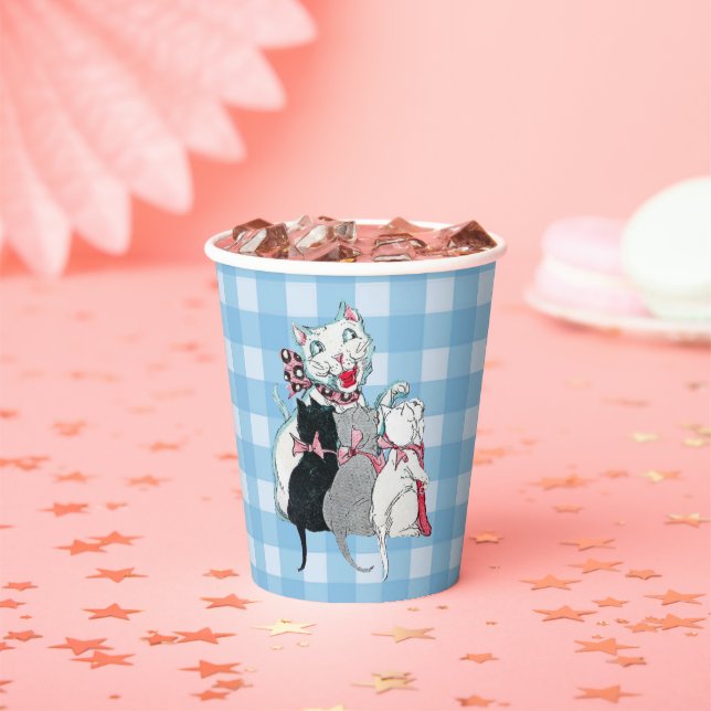Happy white Mother Cat Three Kittens Plaid Paper Cups (Insitu)